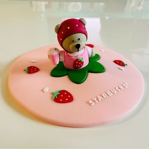 Starbucks Strawberry Pink Bear Cute Cup Glass Coffee Tea Mug Lid Cover